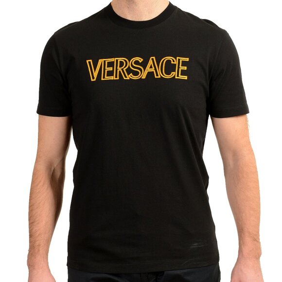 Versace Men's Black Short Sleeve Gold Logo Embroidery T-Shirt US M IT 50